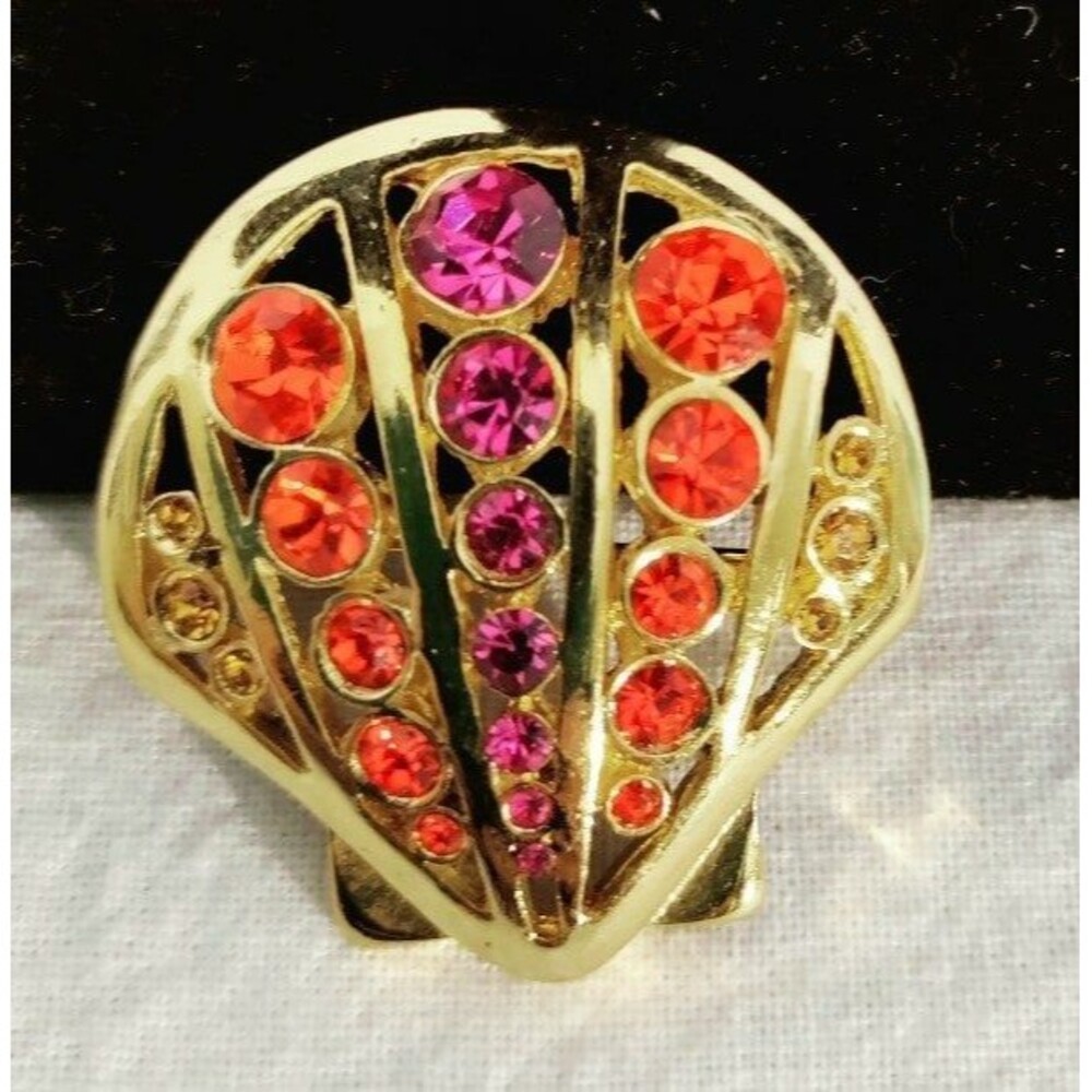 Lia Sophia Clam Shell Brooch Orange Purple Rhinestones